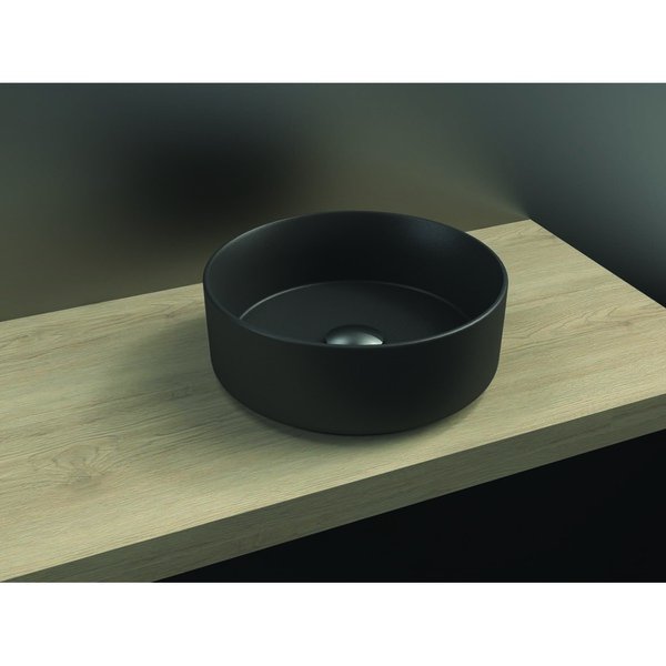 Vasque à poser POLARIS ronde à fond plat, céramique noir mat, sans trop plein