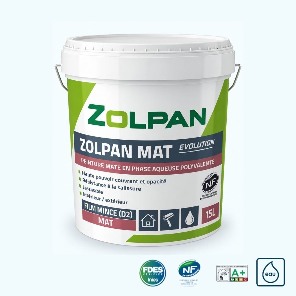 Peinture mate en phase aqueuse ZOLPAN EVOLUTION. Polyvalence d’emploi, classe D2.
