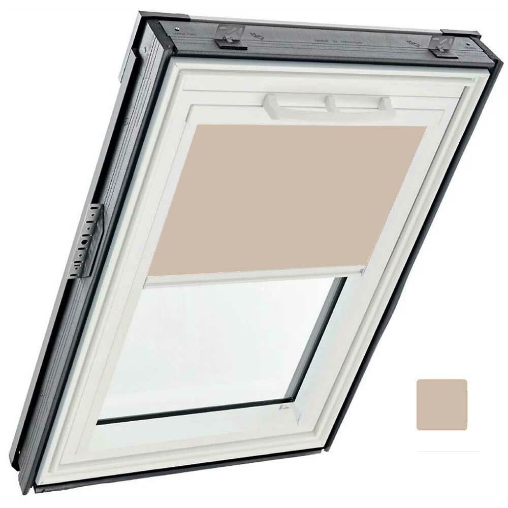 Store tamisant manuel, intérieur, toile Exclusif - couleur beige marron, glissières alu - pour fenêtre ROTO Designo R6 et R8 - 114 cm x 140 cm