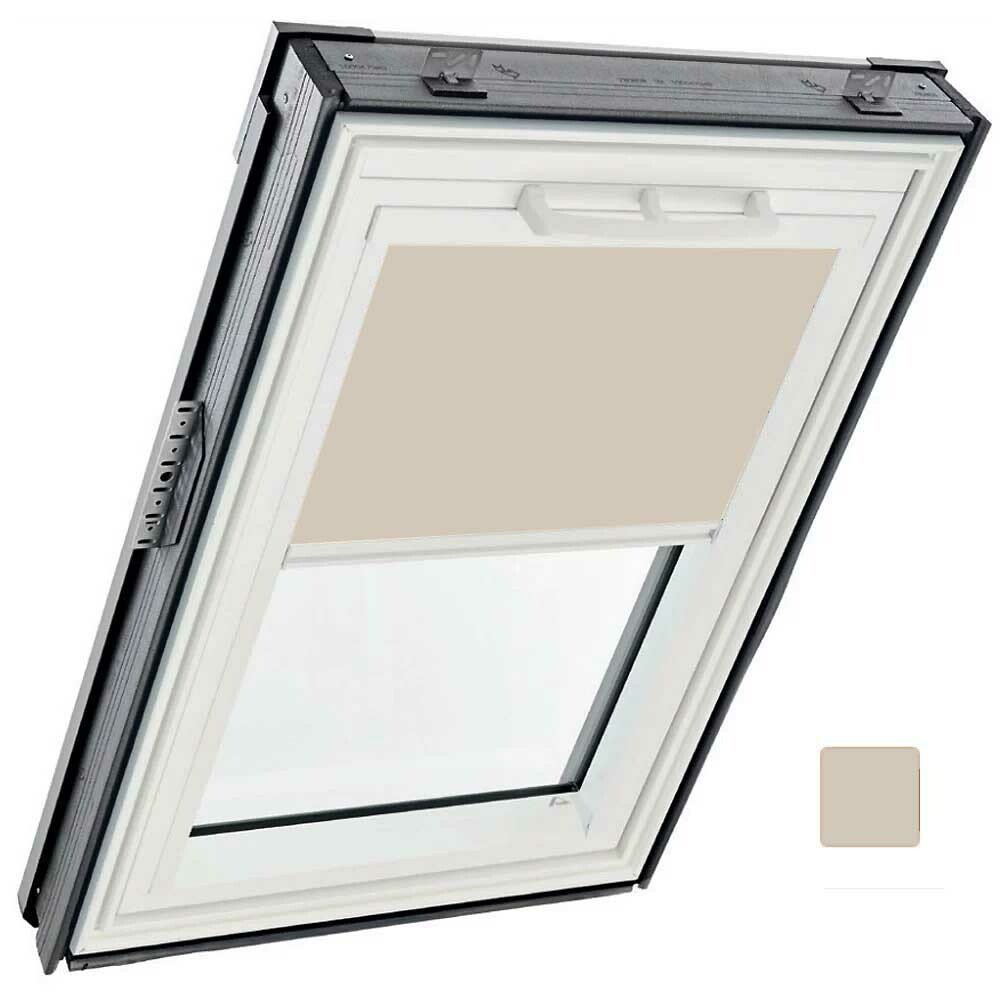 Store tamisant manuel, intérieur, toile Exclusif - couleur beige, glissières alu - pour fenêtre ROTO Designo R6 et R8 - 114 cm x 140 cm